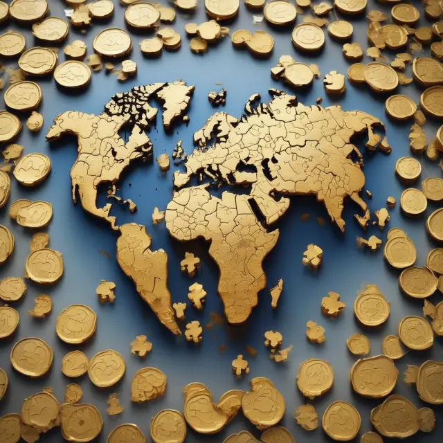 Gold coins depicting various countries forming a jigsaw puzzle with the world map background, highlighting the importance of sovereign wealth funds in managing external debt risks.