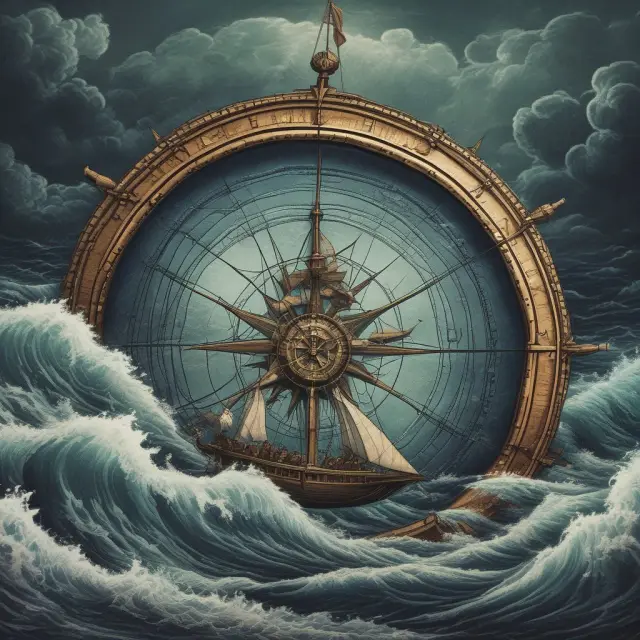 A captain navigating turbulent waters, using a globe and compass to ensure compliance with international agreements and government regulations while managing external debt investments.