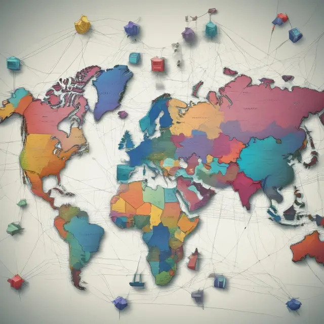 Visualization of a complex, interconnected web representing international relations and external debt obligations between nations