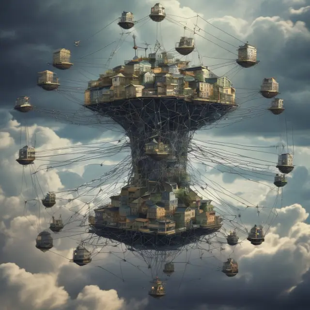 An image of numerous businesses gathered together under a stormy sky, illustrating the concept of external economies of scale and agglomeration benefits