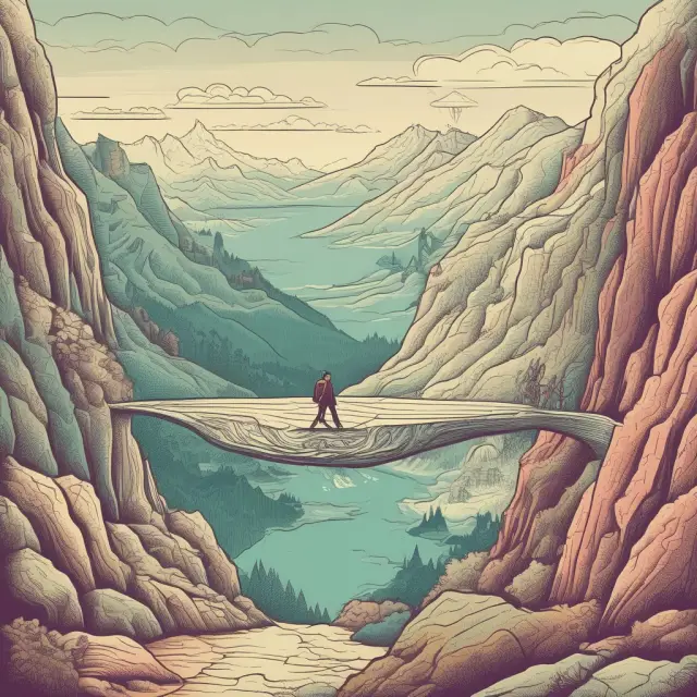 Two mountains representing internal and external economies of scale, a business climbs the former while balancing on a tightrope between the two