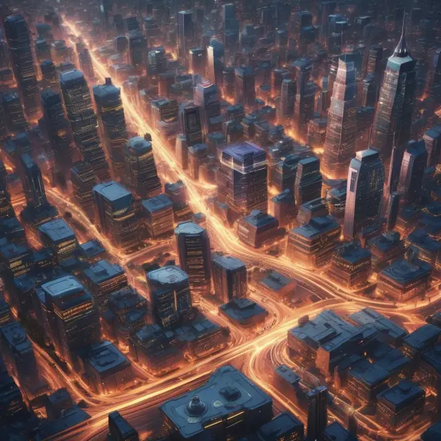An urban scene showcasing diverse industries intertwined, illustrating external economies of scale and their role in industry competition.