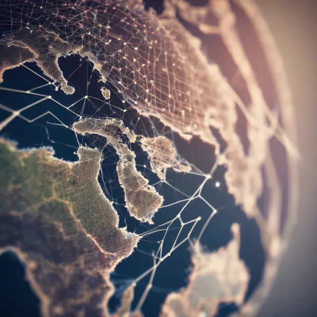 A connected digital globe with various industries intertwined, representing the shifting landscape of external economies of scale