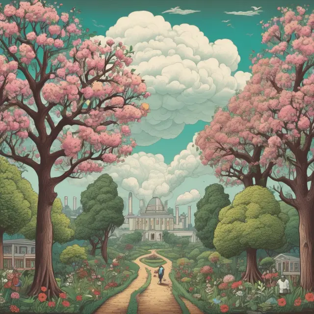 Image featuring a lush garden growing from knowledge trees and a factory with pollution clouds signifying positive and negative externalities, respectively.