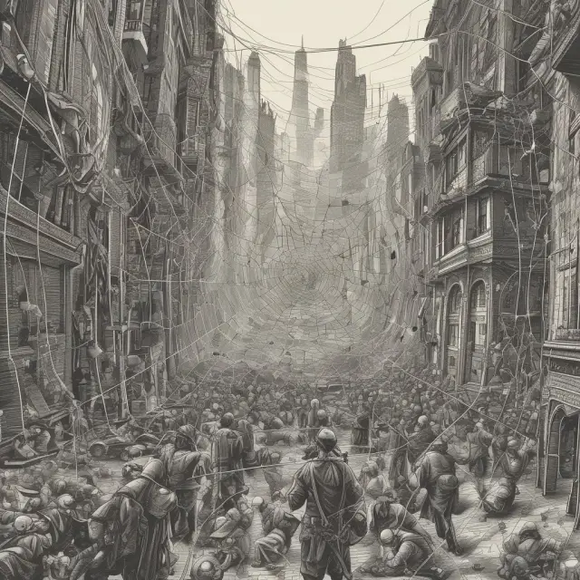 A dynamic image depicting a web representing the interconnected nature of markets, government policies, and corporations, symbolizing the complex relationship between externalities and the economy.