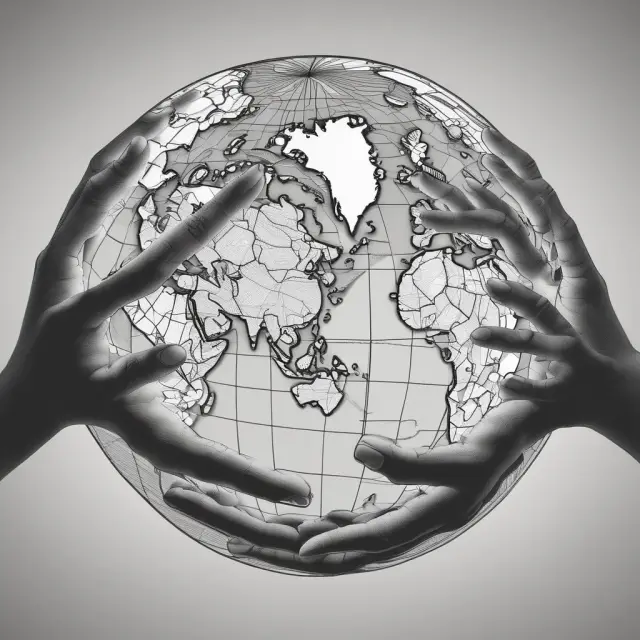 Two hands forming a globe with the United Nations and country flags