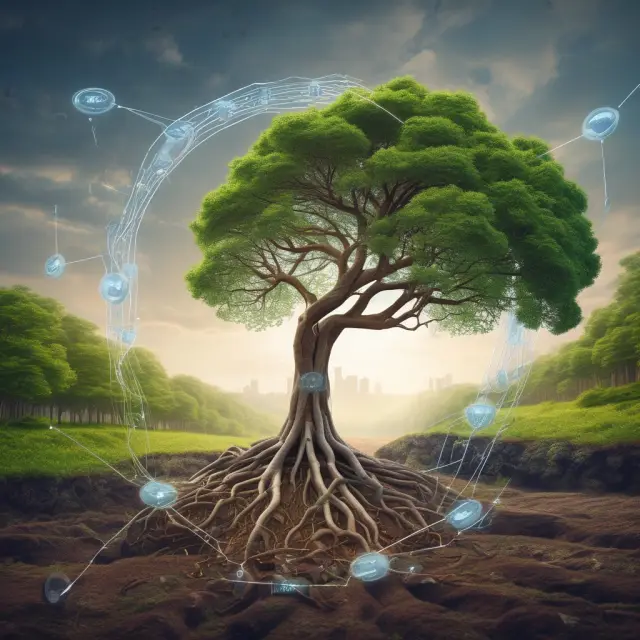 A lush tree thrives at the heart of a future landscape, surrounded by innovative technologies like blockchain and carbon capture, signifying effective externality management in a sustainable economy.