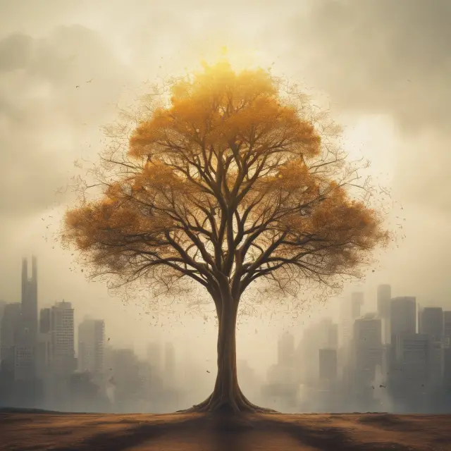 An image of a golden tree thriving in a polluted city, representing institutional investors addressing externalities and turning challenges into opportunities