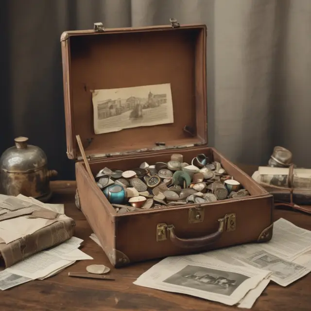 An old time capsule opening, releasing swirling currency symbols representing historical extraordinary gains and losses