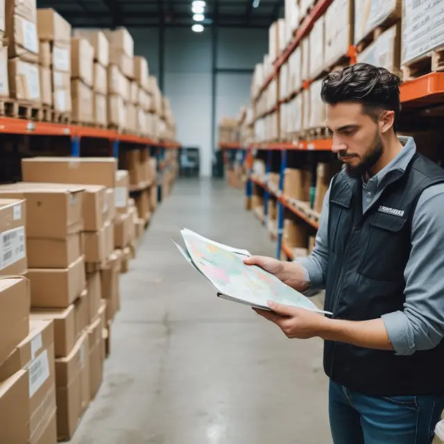 Seller preparing an item for shipment under EXW, placing it on a world map representing international trade