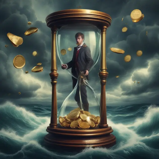 Buyer braving uncertain waters with an hourglass containing gold coins, emphasizing the risks and costs involved in Ex Works agreements.