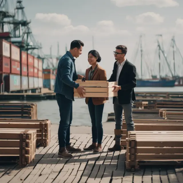 Seller handing over a crate to the buyer at a dockside, representing Ex Works (EXW) responsibilities