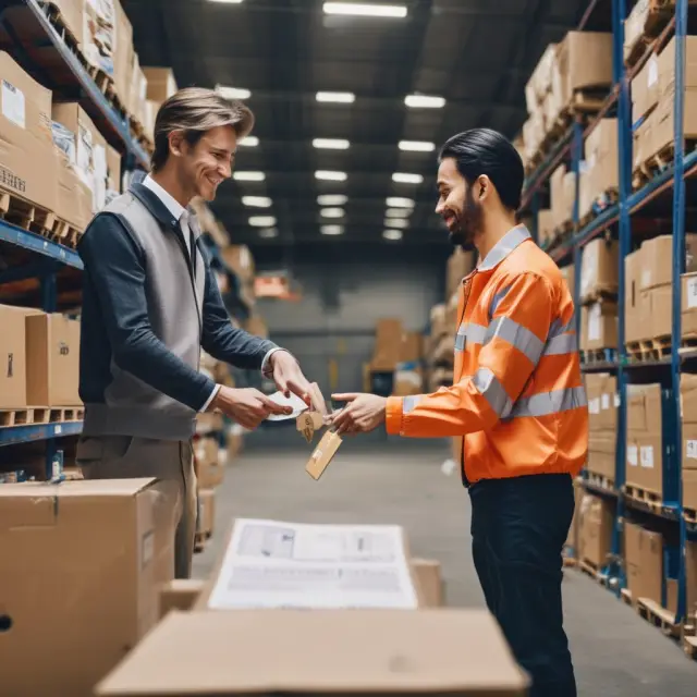 Image: A buyer collecting keys from a seller at an international warehouse, representing the start of their responsibility in an Ex Works transaction.