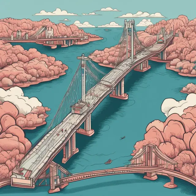 An elegant bridge unites various investors traversing a vast, flowing river, representing the ease of accessing high trading volumes for FAANG stocks