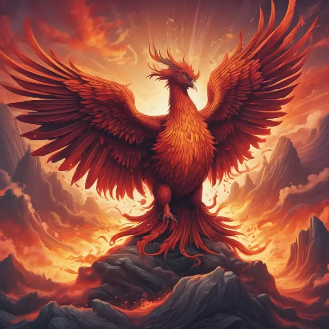 Image: A mythical Phoenix rising majestically from a sea of diverse FAANG stock charts.