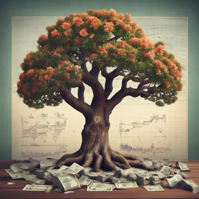 A sturdy ancient oak tree growing amongst financial charts symbolizes the long-term commitment and stability of term loans