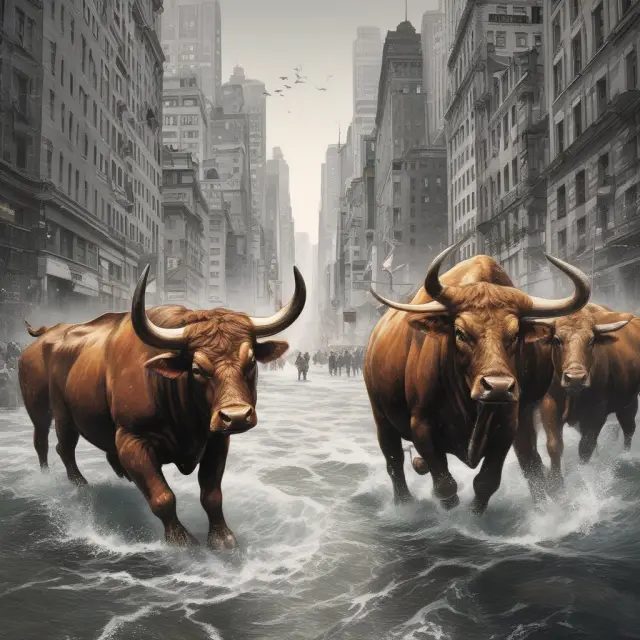 A battle between growth and value bulls on a choppy sea, as market capitalization and credit rating waves crash around them.