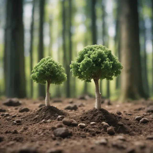 Image of small seeds representing small-cap stocks growing amidst towering trees symbolizing large-cap companies, emphasizing potential growth and diversification in an investment portfolio