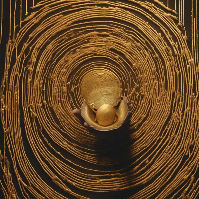 An investor weaves golden threads signifying stable earnings and consistent asset growth while standing on pillars of strong corporate governance
