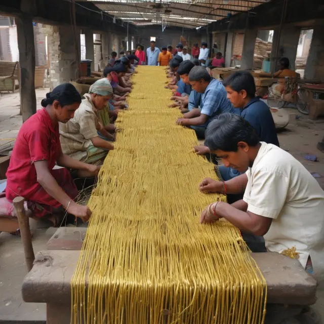 Golden threads represent wages, labourers at work create economic growth