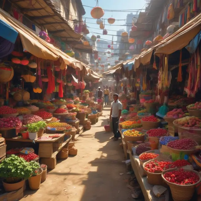 Bright bazaar scene showcasing land, labor, capital, and entrepreneurship selling their services to various businesses