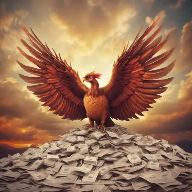 Phoenix rising from stacked invoices, representing the transformation of financial difficulties into opportunities through factoring
