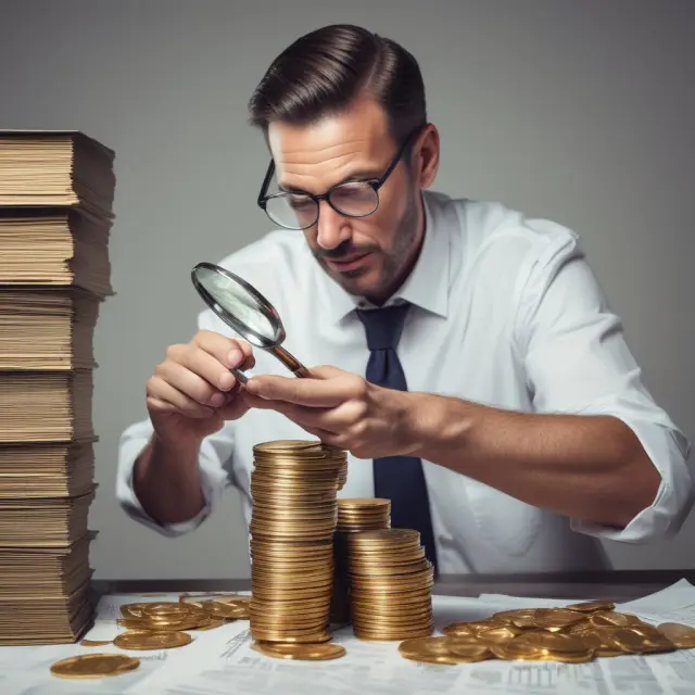 A business owner carefully reviews documents atop a stack of gold coins, emphasizing the importance of record-keeping for successful factoring agreements.