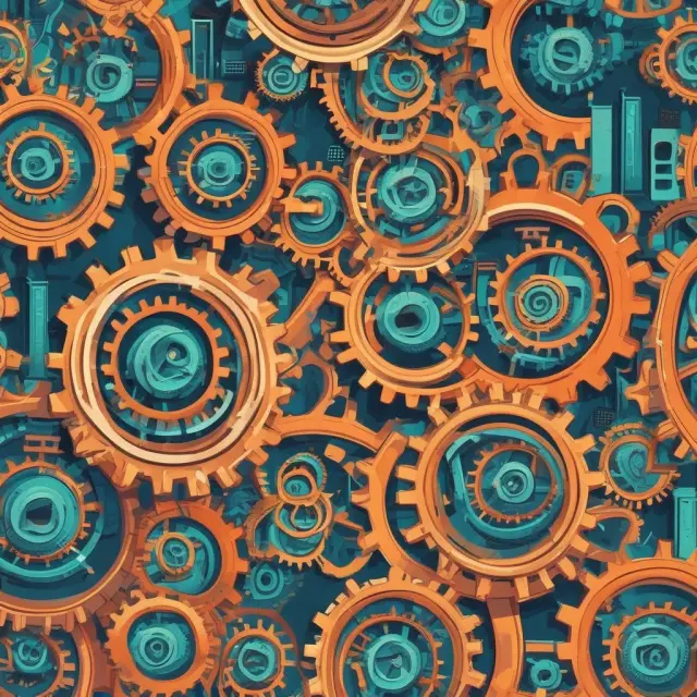 Factory scene with gears interconnected, symbolizing companies assessing risk factors in factoring: hidden fees, unfavorable contracts, creditworthiness, concentration