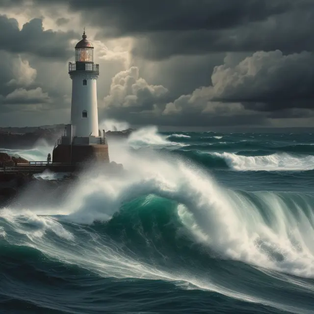 FactSet, represented as a lighthouse, providing financial insights to investors in a chaotic sea populated by competitors