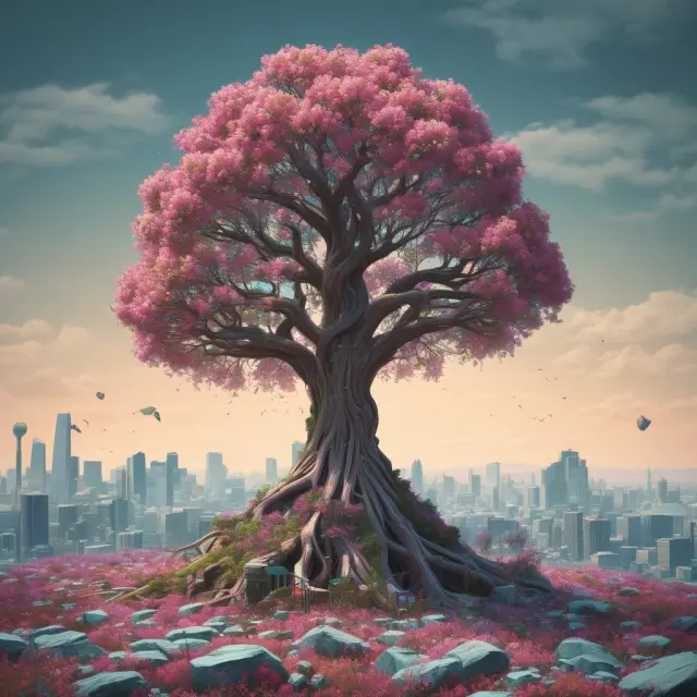 A towering tree filled with financial data blossoms, symbolizing FactSet