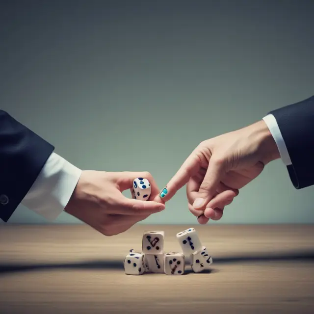 An insurance company representative hands off a risky dice to a reinsurer, representing the transfer of an individual risk in facultative reinsurance