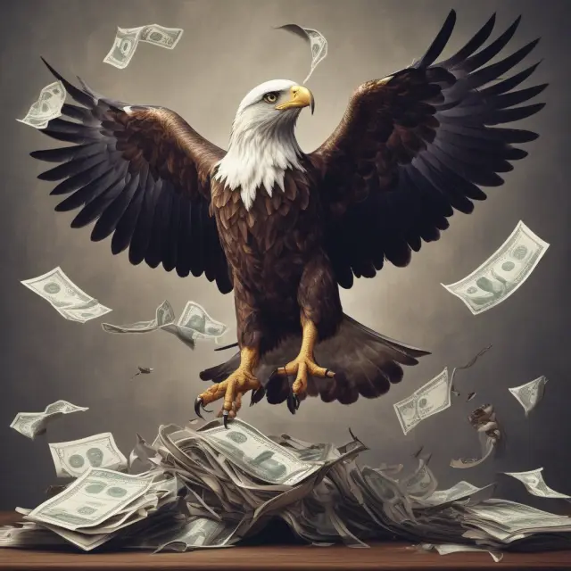 An eagle representing legal responsibilities struggles against the turbulent stock market, illustrating seller obligations.