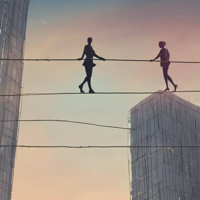 A group of workers on a tightrope, representing the challenge of determining employee vs independent contractor status under FLSA regulations