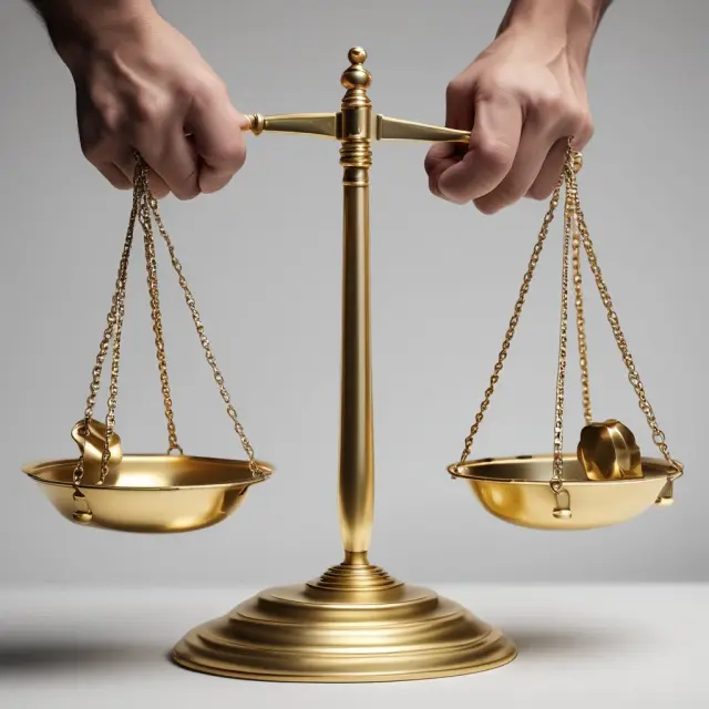 An image of scales with gold weights and two hands balancing them, representing the importance of fair labor standards act (FLSA) compliance in institutional investments.