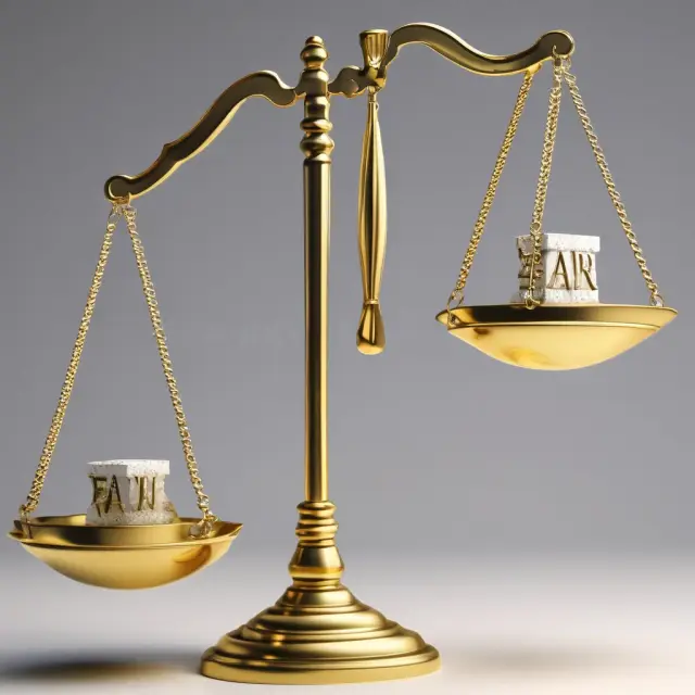 Image of a scale balancing two gold weights labeled 