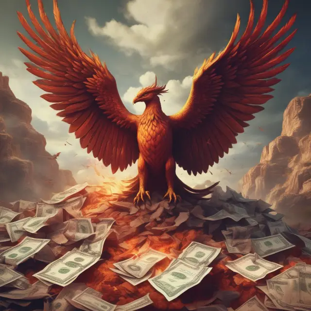 Phoenix emerging from a mound of downgraded investment-grade bonds, representing fallen angel investing
