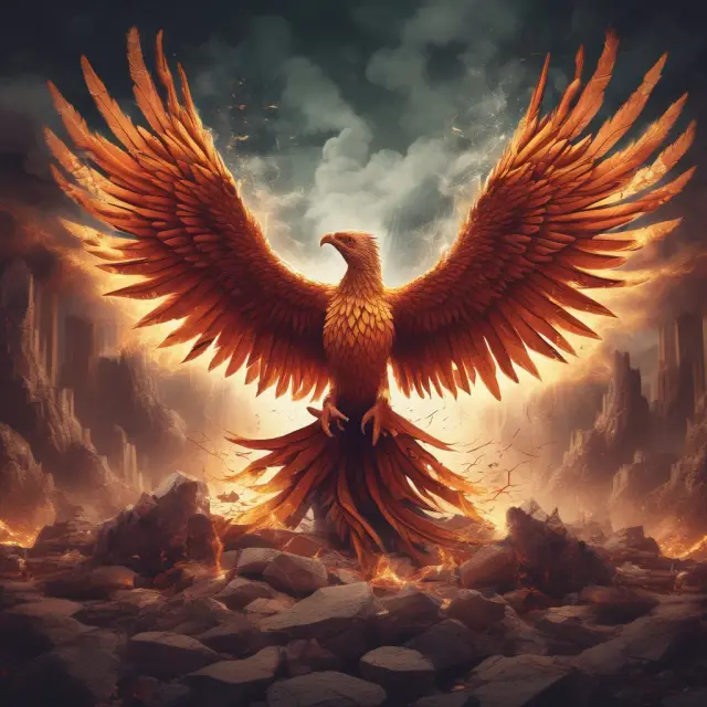 A mythical phoenix rising from a pile of broken investment-grade bonds, symbolizing the potential recovery of fallen angel investments.