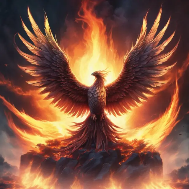 A phoenix emerging from flames with fallen angel bond certificates in its talons, representing the potential for recovery from downgraded bonds