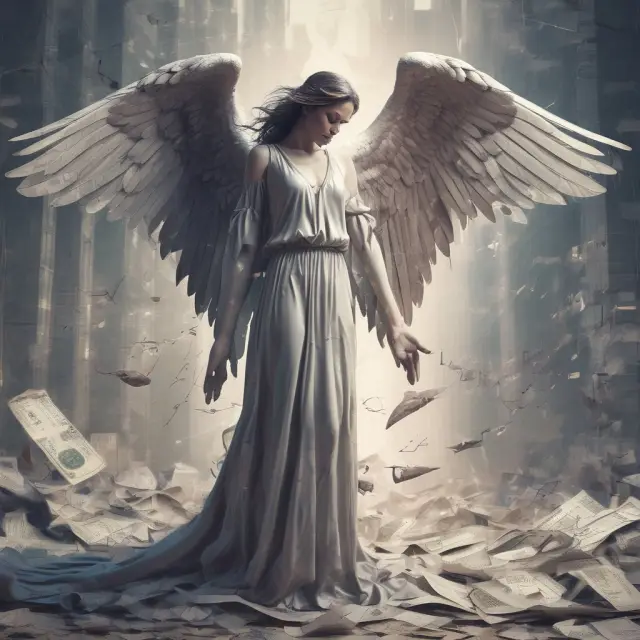Image of an angel morphing into a fallen angel among charts and graphs, representing the transition from investment-grade to high-yield bonds