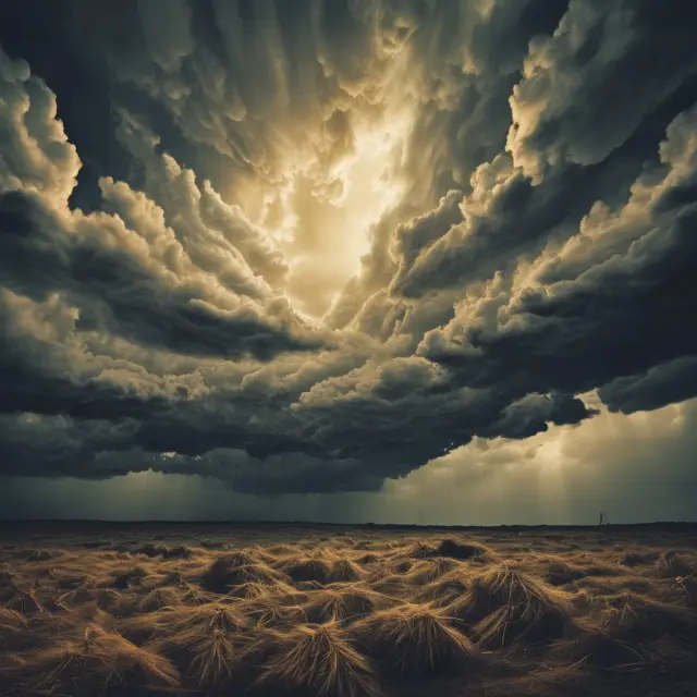 A golden stock being overshadowed by dark storm clouds, representing the sudden decline in its price
