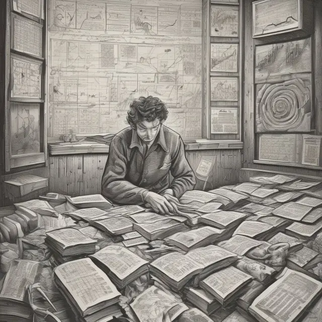 A trader examining financial charts in a maze to determine reasons for falling knives