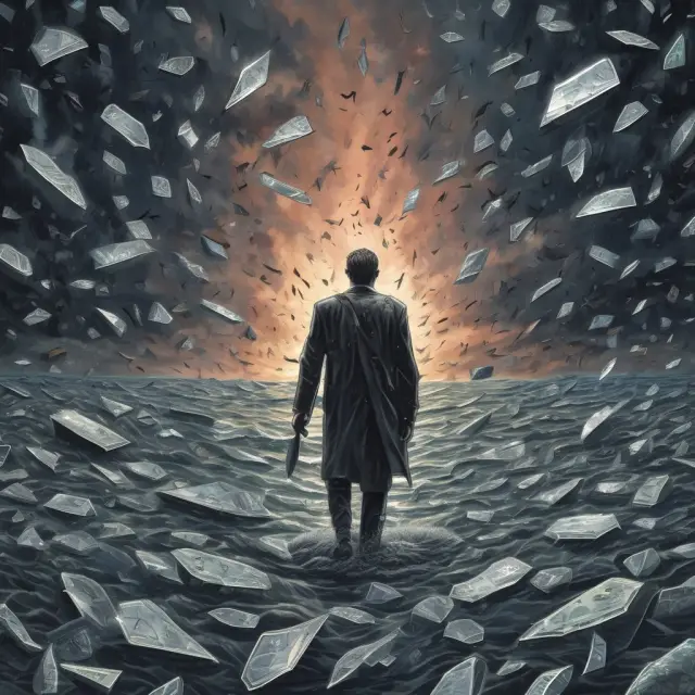 An investor braving falling knife stocks amidst tempestuous waves, seeking long-term gems
