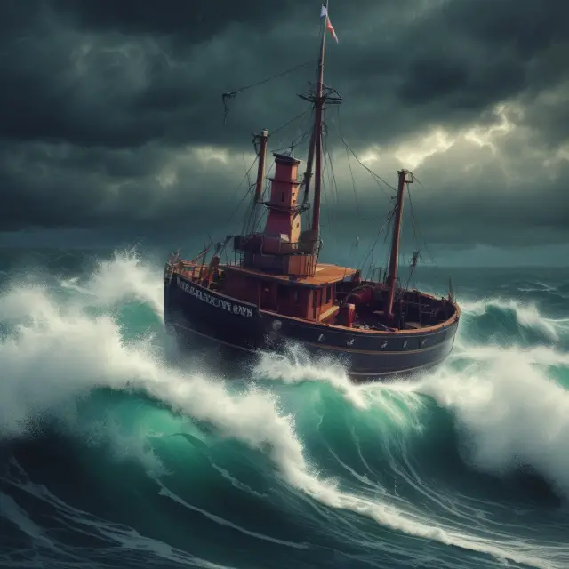 A sailor navigating rough waters with confirmation signals, a life preserver (stop loss), and a well-diversified ship