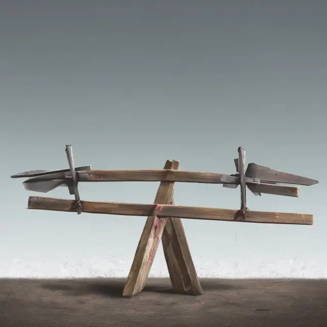 Seesaw illustrating market instability with falling knives on one side and a price spike on the other