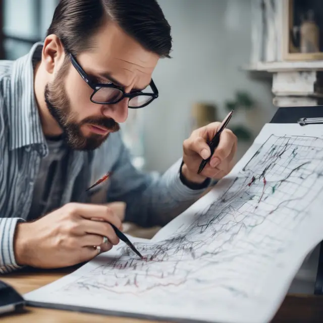 A technical analyst analyzing a chart of falling knives, using indicators like moving averages, RSI, and MACD to identify trend reversals and inflection points.