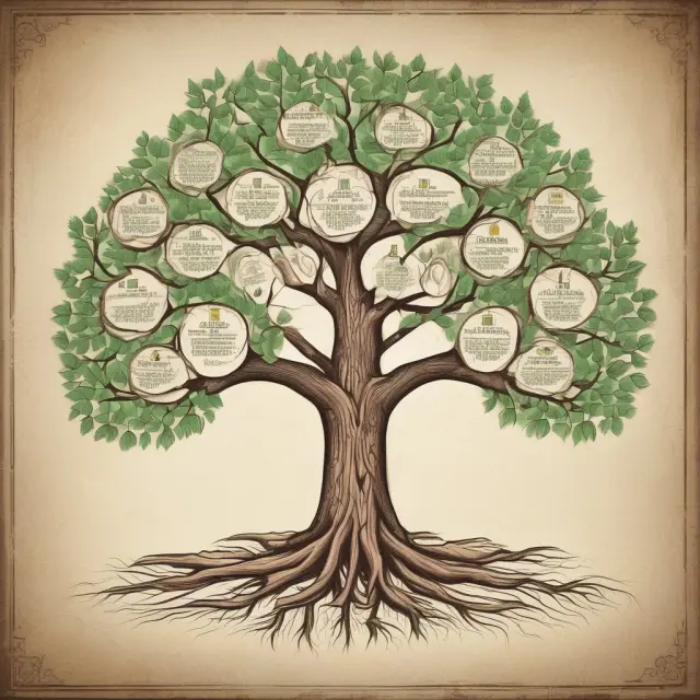 A family tree symbolizing the bond between families and their chosen family offices, depicting intertwined roots and branches growing together