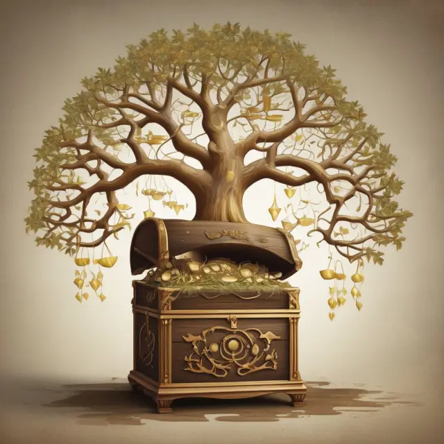 Golden family tree with interconnected branches growing into a treasure chest, representing the preservation of wealth and inheritance through Family Limited Partnerships
