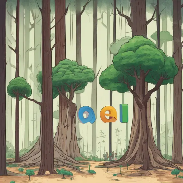 A lush digital forest featuring four distinct trees symbolizing the FANG companies: Meta (Facebook), Amazon, Netflix, and Alphabet (Google)
