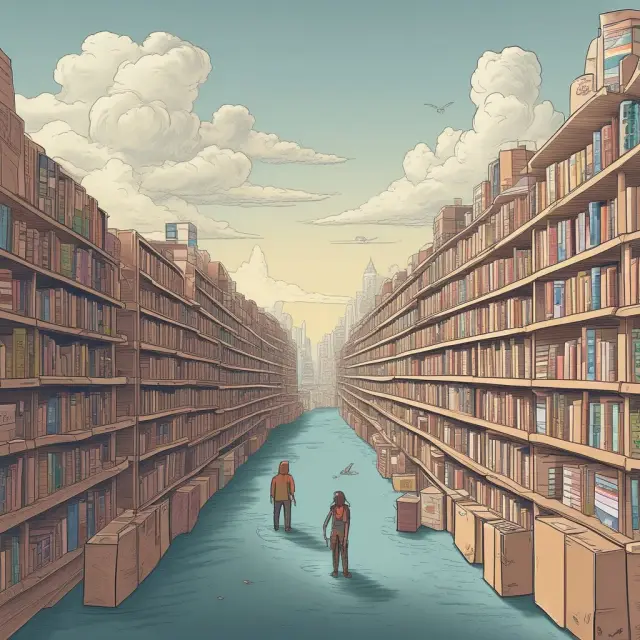 An ever-flowing river carrying various Amazon products leading to a towering e-commerce mountain, symbolizing the company