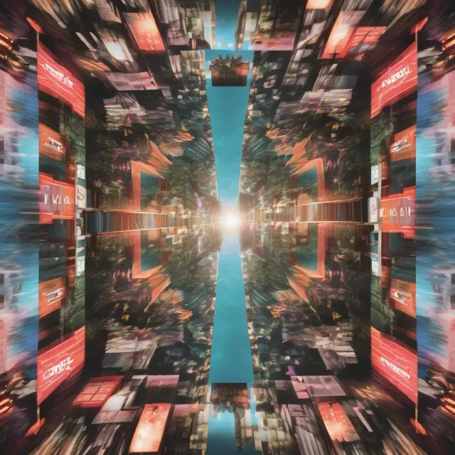 A vivid kaleidoscope river flowing with interconnected movie and TV show frames, symbolizing Netflix